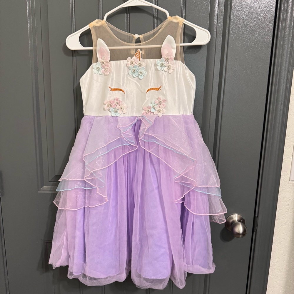 Kid’s Girly Unicorn Purple, Pink, & Blue Puffy Party Dress